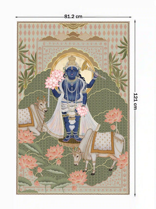 Full pattern view of the Shyam Sundar wall art in Sage & Coral, shown at the 121 cm by 81.2 cm size, with Krishna, cows and pink lotuses.