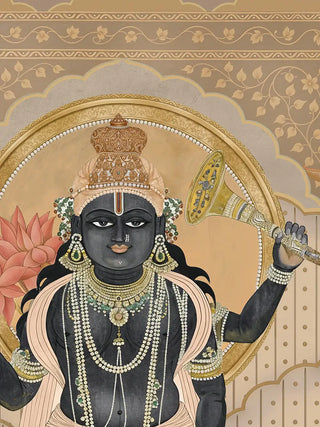 A close-up of the Shyam Sundar wall art in Beige & Coral showing the copper-gold crown, pearl necklaces, golden halo, golden horn and floral-vine border.