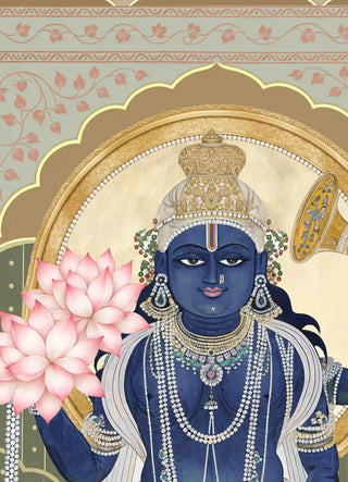 A close-up of the Shyam Sundar wall art in Sage & Coral showing the jewelled crown, pearl necklaces, pink lotus bouquet and gold halo.
