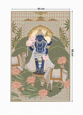 Full pattern view of the Shyam Sundar wall art in Sage & Coral, shown at the 44 cm by 66 cm size.