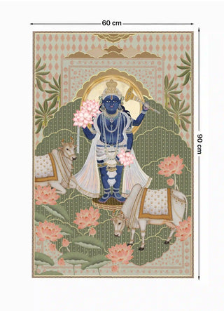 Full pattern view of the Shyam Sundar wall art in Sage & Coral, shown at the 60 cm by 90 cm size.