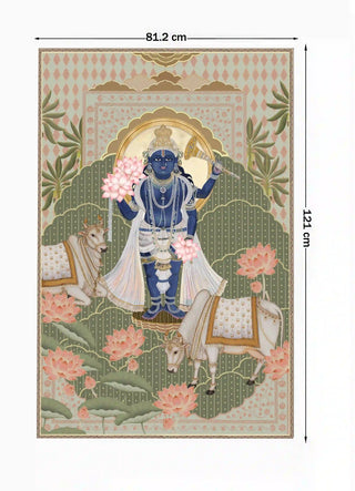 Full pattern view of the Shyam Sundar wall art in Sage & Coral, shown at the 81.2 cm by 121 cm size.