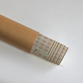 The Shyam Sundar wall art rolled in a kraft cardboard tube, with the coral and sage patterned border showing at the open end.