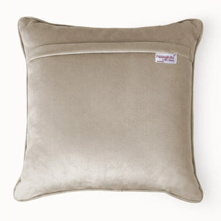 Back view of the cushion cover showing the solid taupe velvet backing and concealed zipper.