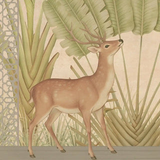 A macro close-up of the Silent Hart mural highlighting the hand-painted deer, palm leaves, and Mughal lattice.