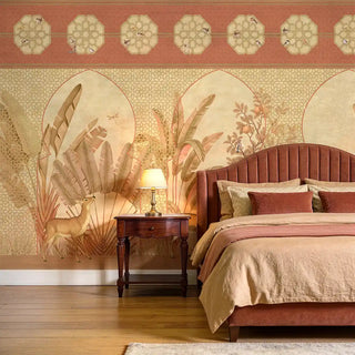 The Silent Hart Rust & Gold mural styled behind a terracotta velvet fluted headboard with warm neutral bedding.