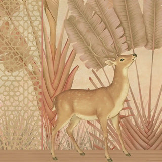 A macro close-up of The Silent Hart mural highlighting the hand-painted deer, palm leaves, and architectural lattice.