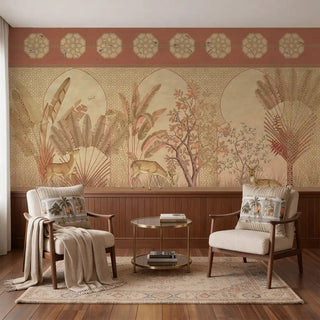 A luxury living room featuring The Silent Hart Rust & Gold mural behind cream armchairs and a modern brass coffee table.