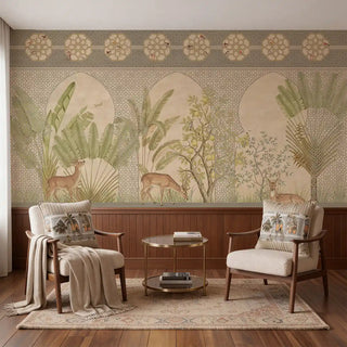 The Silent Hart Stoneblue wallpaper styled behind a sage green velvet fluted headboard with terracotta linens.