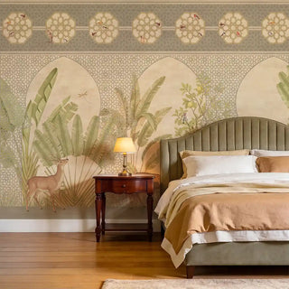 A luxury living room featuring the Silent Hart Stoneblue mural behind cream armchairs and a modern coffee table.