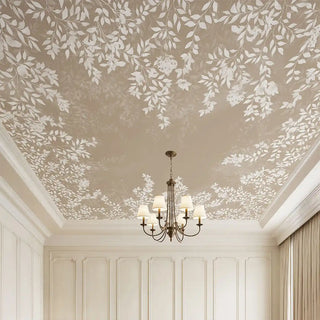 A luxury grand room featuring the Silent Orchard deep sepia ceiling mural styled with a classic bronze chandelier.