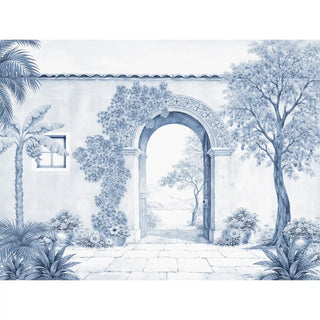 A full-scale view of The Silent Portico wallpaper mural featuring a blue monochromatic archway and lush garden scene.
