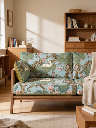 A modern wooden sofa upholstered in Silk Route sky-blue fabric featuring swans and floral motifs in a bright living room.