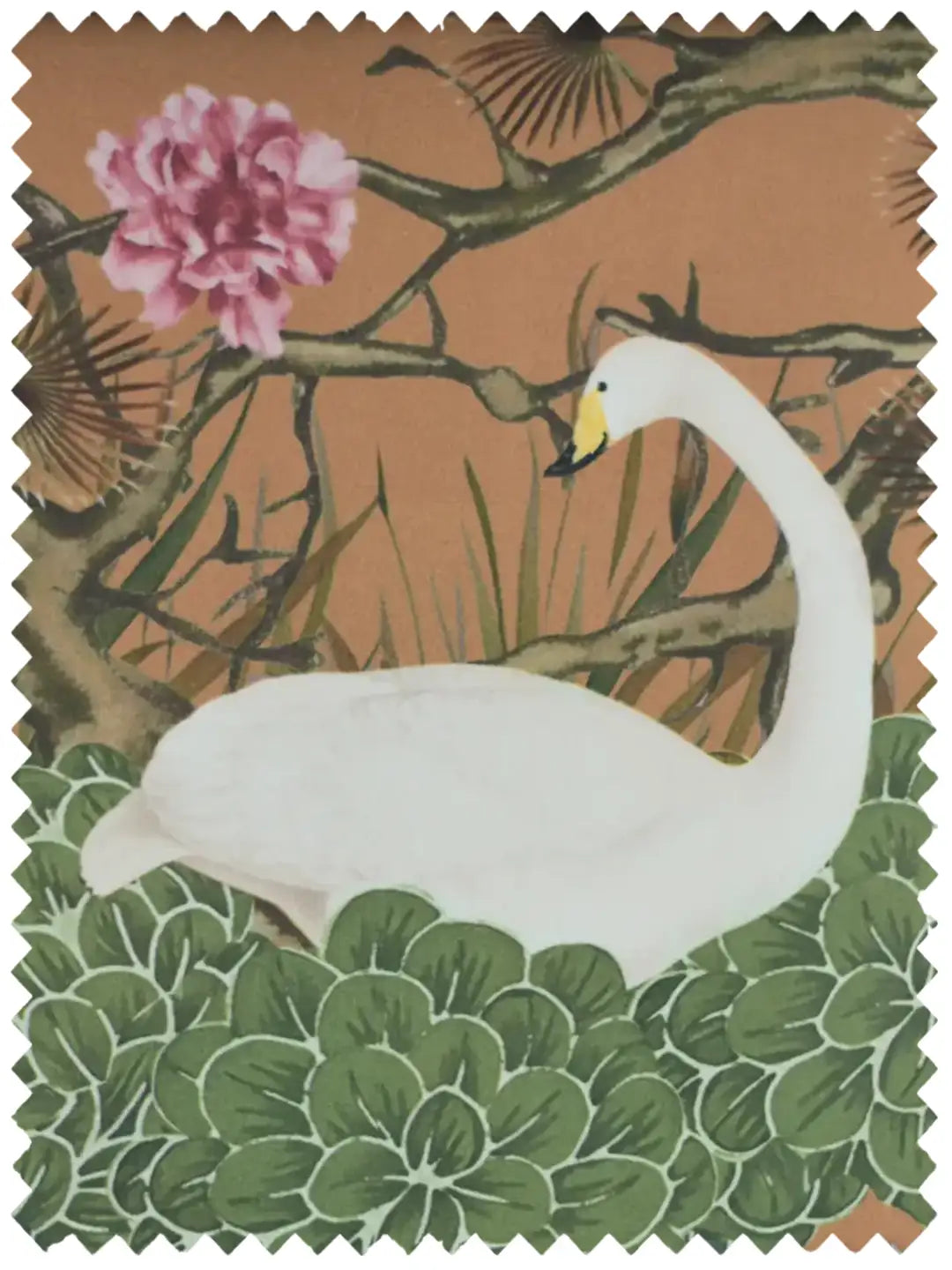 Close-up swatch of upholstery fabric with a white swan and pink peony on a bronze-gold ground