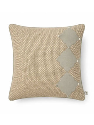A full front view flat lay of the square Sirocco cushion cover showcasing its vertical row of Moroccan arch panels and pearl details.