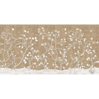 Full design layout of Sitara wallpaper showing the flow of white branches and flowers on a textured clay beige background.