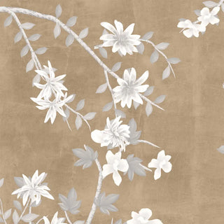 Close up detail of Sitara wallpaper highlighting the faux gold-leaf texture and detailed white flower petals.