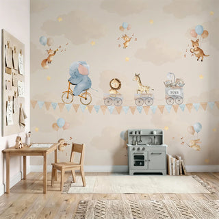 A luxury playroom setting featuring the sky parade mural behind a wooden desk and toy storage unit.