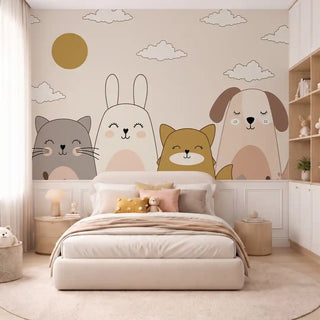 The Sleepy Woodland Friends wallpaper mural installed on a feature wall in a kids bedroom behind a cream upholstered bed with pastel cushions view-kids
