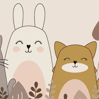 A detailed close-up of the Sleepy Woodland Friends wallpaper highlighting the rabbit and fox character linework and leaf sprig detailing