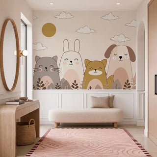 The Sleepy Woodland Friends wallpaper installed on an entryway wall with a round mirror, wood console and pink patterned rug view-foyer