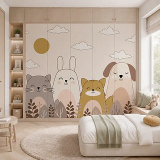 The Sleepy Woodland Friends wallpaper installed across a built-in wardrobe front in a kids bedroom with a window seat and rattan basket view-wardrobe