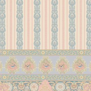 Full repeat of the Songbird Garden Stripe pattern showing the ribbon-striped field, songbird cartouches and floral rosette border in blush pink and sage blue.