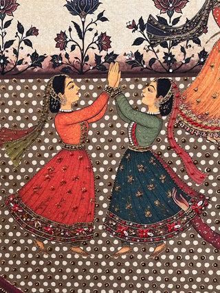 Close-up view of the Sufi dancers in Sorena art, showcasing the detailed painterly textures and bead-like accents.