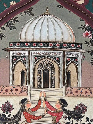 High-resolution close-up of the white pavilion in Sorena art, highlighting the intricate visual pearl beadwork and floral details.
