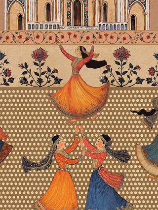 A detailed close-up of the Sorena wall art highlighting a twirling dancer in an orange skirt beneath the pavilion's floral frieze.