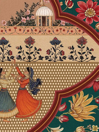 A detailed close-up of the Sorena wall art highlighting two dancers beside the pavilion and the dense floral border.
