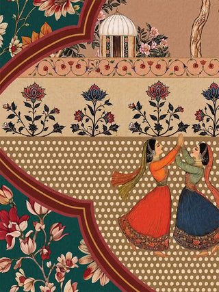 A detailed close-up of the Sorena wall art highlighting the domed pavilion, floral border and two dancers with raised hands.