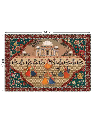 Full view of the Sorena wall art in red and teal multicolour, 66 cm by 44 cm, showing the pavilion scene with dancers and floral border.