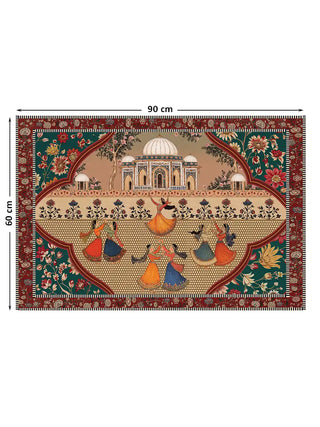 Full view of the Sorena wall art in red and teal multicolour, 90 cm by 60 cm, showing the pavilion scene with dancers and floral border.