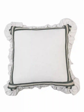 Front view of the Spellbound ruffle cushion cover in dark green, showing the ivory linen face with dark green banded border and gathered ruffle edge.