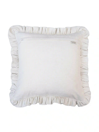 Back view of Spellbound Ruffle cushion cover in plain ivory linen showing the concealed zip closure and the full gathered ruffle edge on a white background