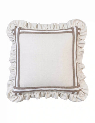 Front view of Spellbound Ruffle cushion cover in ivory linen with a double mocha herringbone tape and white ribbon border framing the plain face, finished all around with a full gathered ivory ruffle on a white background