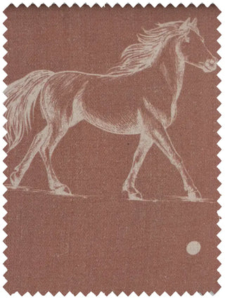 A high-resolution swatch of Stallion fabric featuring a hand-sketched ivory horse on a textured terracotta rose ground.
