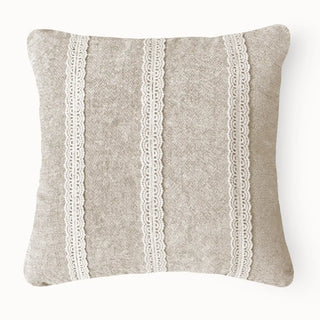 Full studio view of the Stripe Lace Cushion with three vertical white lace stripes.