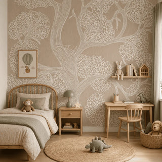 Children's bedroom with tree-patterned suhani wallpaper, wooden furniture, and toys. view-kids
