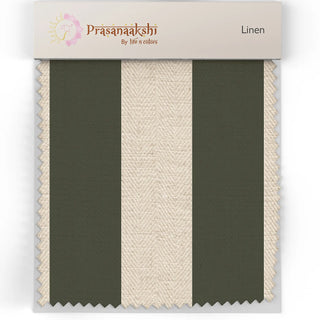 Fabric swatch of Suki Upholstery Fabric with alternating bold green and neutral beige stripes.