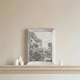 Sukoon Forest Wall Art featuring detailed trees, cottages, and serene countryside scenery in grayscale tones.