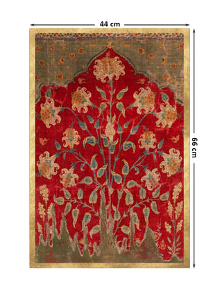Full view of the Sultana wall art, a flowering tree beneath a cusped arch on a crimson ground, inspired by Mughal court textiles, at 66 cm by 44 cm.