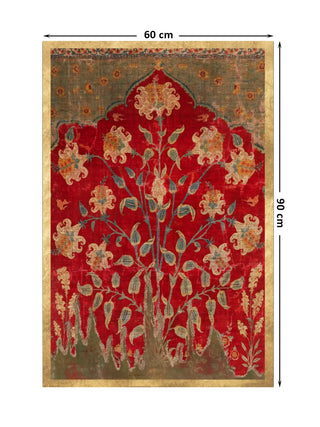 Full view of the Sultana wall art, a flowering tree beneath a cusped arch on a crimson ground, inspired by Mughal court textiles, at 90 cm by 60 cm.