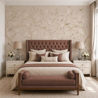 Sunset Serenade chinoiserie wallpaper in Blush Beige behind a tufted bed with white roses and perched birds.