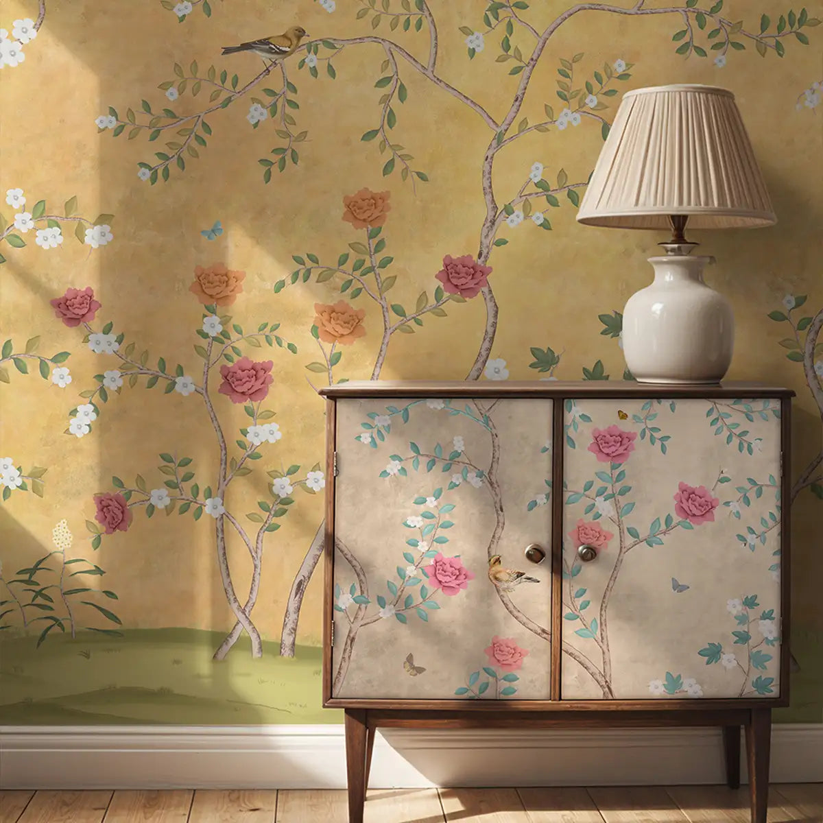 Sunset Serenade, Golden Chinoiserie Wallpaper Design Render with Wardrobe