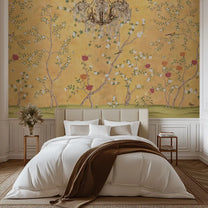 Sunset Serenade, Golden Chinoiserie Wallpaper Design