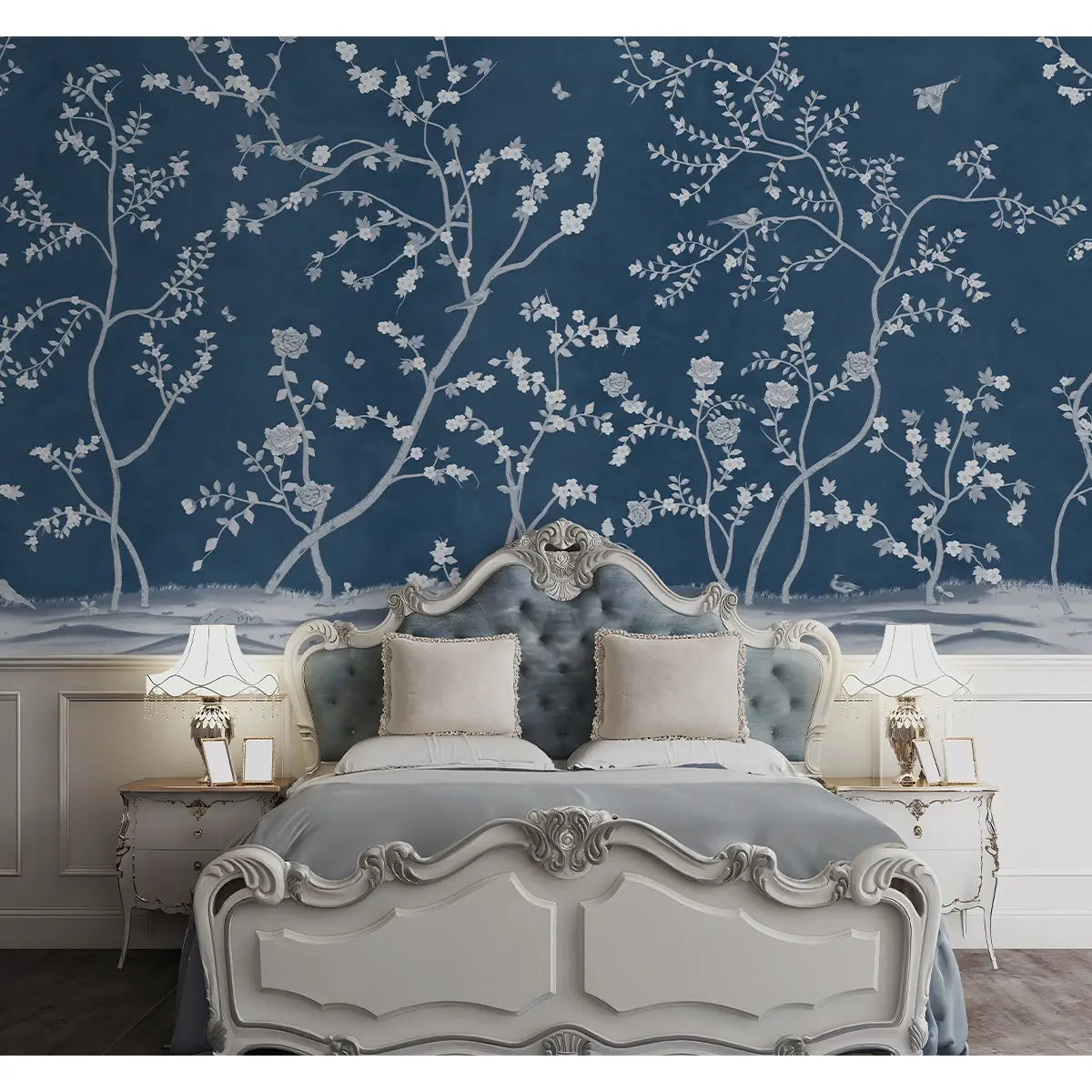 Sunset Serenade, Blue Chinoiserie Wallpaper Design  Buy Now