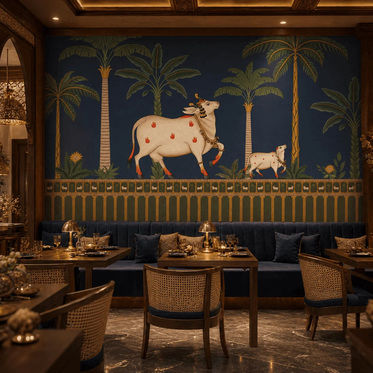 Surabhi Pichwai cows blue wallpaper in Indian restaurant