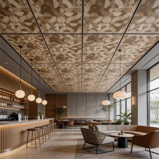 The Sutra abstract geometric wood grain block pattern ceiling wallpaper mural styled inside a luxury contemporary cafe and bar lounge hall view-ceiling